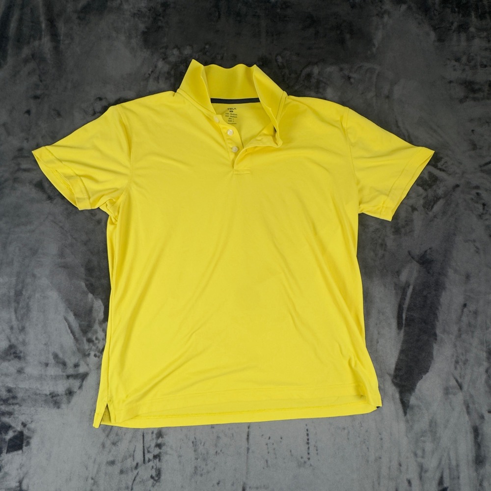 TSLA Polo Shirt Mens Medium Yellow Short Sleeve Performance Golf Top TAM190128